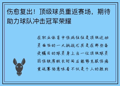 伤愈复出！顶级球员重返赛场，期待助力球队冲击冠军荣耀