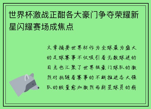 世界杯激战正酣各大豪门争夺荣耀新星闪耀赛场成焦点