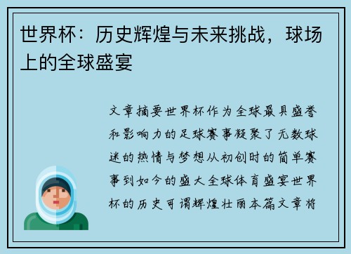 世界杯：历史辉煌与未来挑战，球场上的全球盛宴